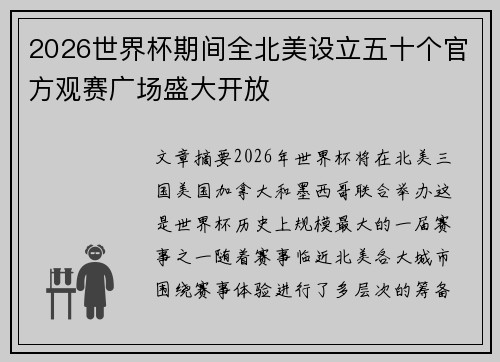 2026世界杯期间全北美设立五十个官方观赛广场盛大开放