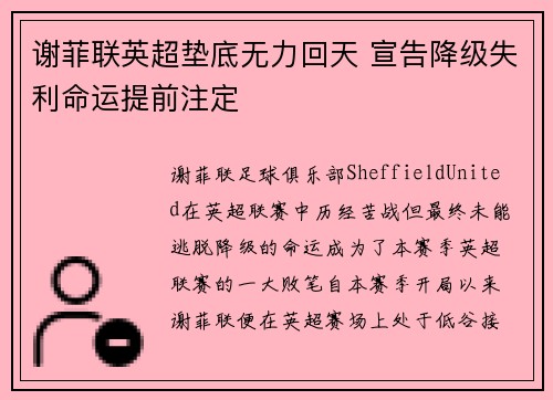 谢菲联英超垫底无力回天 宣告降级失利命运提前注定 谢菲联英超垫底无力回天 宣告降级失利命运提前注定